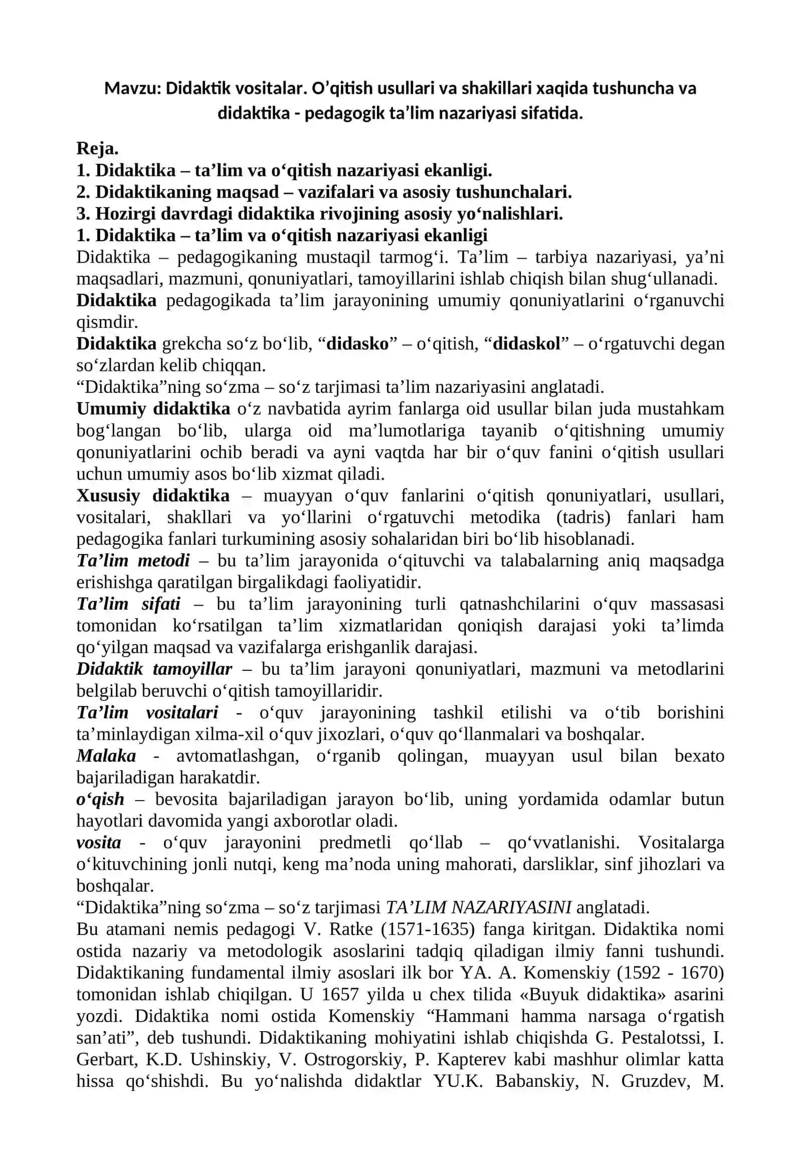 Didaktik vositalar. O’qitish usullari va shakillari xaqida tushuncha va didaktika - pedagogik ta’lim nazariyasi sifatida 2
