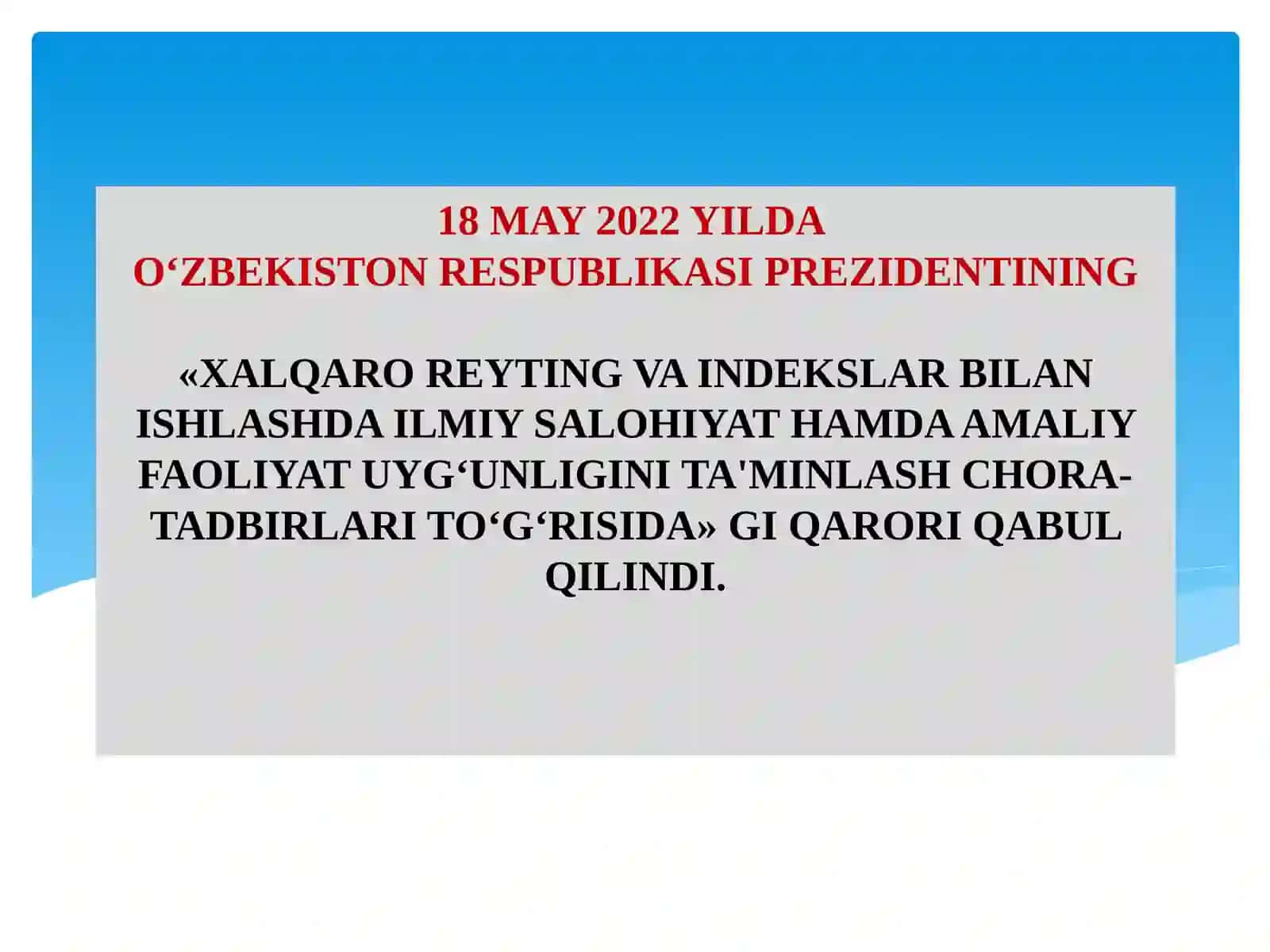 Yangi O‘zbekiston ijtimoiy-siyosiy, iqtisodiy va madaniy hayotida roʻy berayotgan oʻzgarishlarning xalqaro reyting va indekslardagi o’rni 2