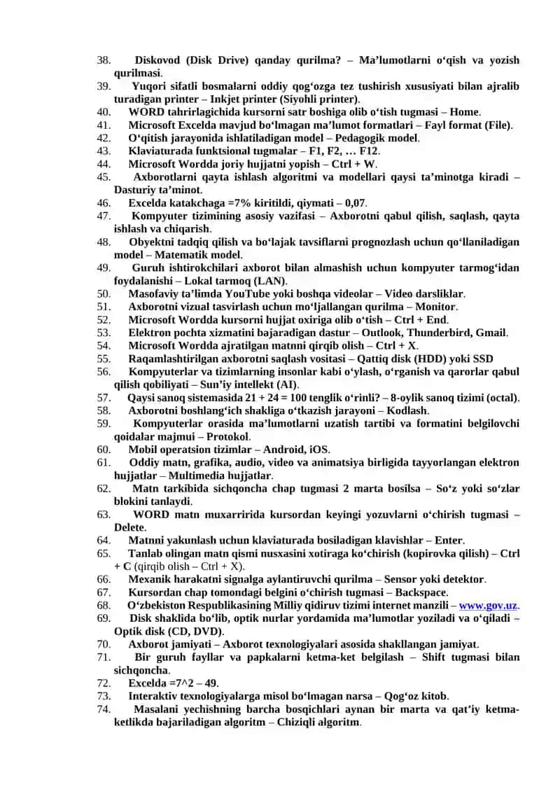 Argos 2025 Axborot kommunikastsiya yo’nalishi bo’yicha test javoblari 2