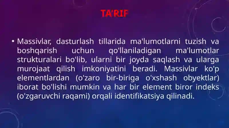 MASSİVLAR. BİR O‘LCHOVLİ MASSİVLAnİ E'LON QİLİSH VA ULARNİNG ELEMENTLARİGA MUROJATLArİni TASHKİL QİLİSHGA DOİR MASALALAR YECHİSH 2