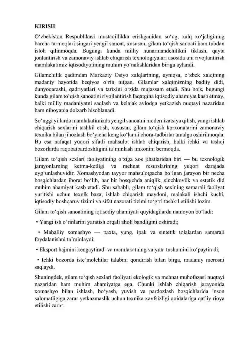 Gilamchilikning iqtisodiy va tarixiy asoslari sexini tashkil qilish 2