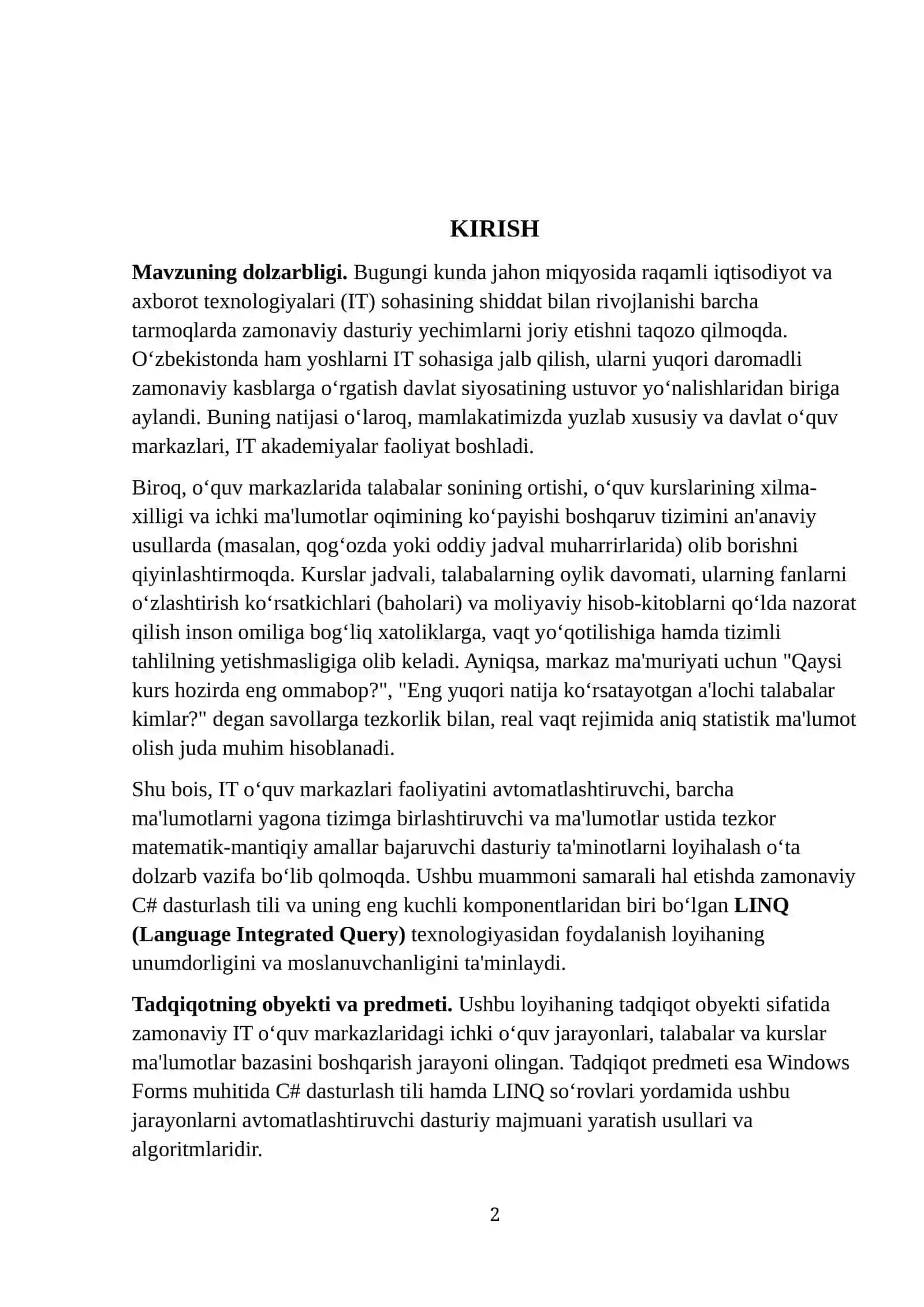 “IT kurslar markazi boshqaruv tizimi” dasturini yaratish 2