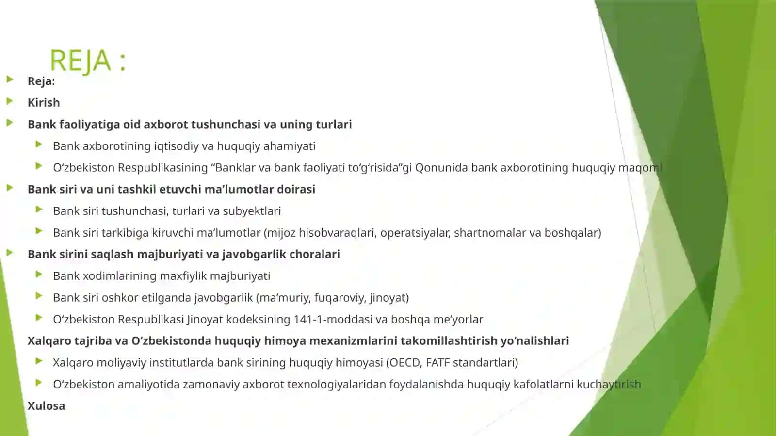 BANK FAOLIYATIGA OID AXBOROTLAR VA BANK SIRINI HUQUQIY XIMOYA QILISH 2