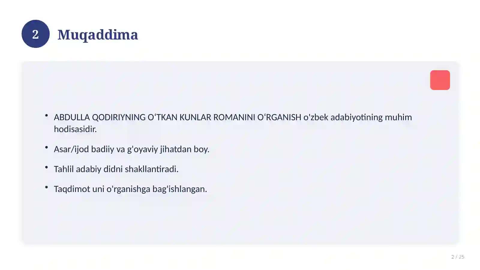 ABDULLA QODIRIYNING OʻTKAN KUNLAR ROMANINI OʻRGANISH 2