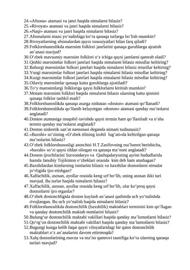 O‘zbek folklori ON (oraliq nazorat) savollari (I-semestr) 2