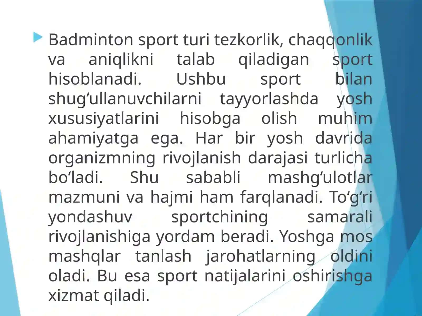 HAR XIL YOSHLI BADMINTON SPORT TURI BILAN SHUG'ULLANUVCHI SPORTCHILARNI TAYYORLASHNING XUSUSIYATLARI 2