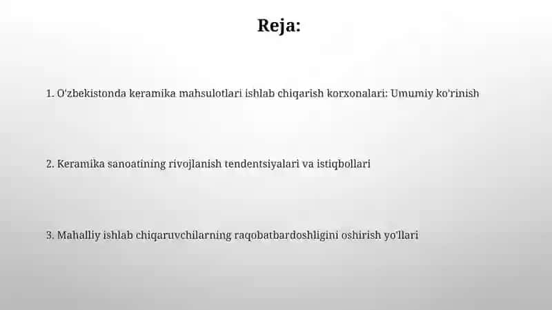 O'zbekistondagi keramik buyumlar ishlab chiqaruvchi korxonalari 2