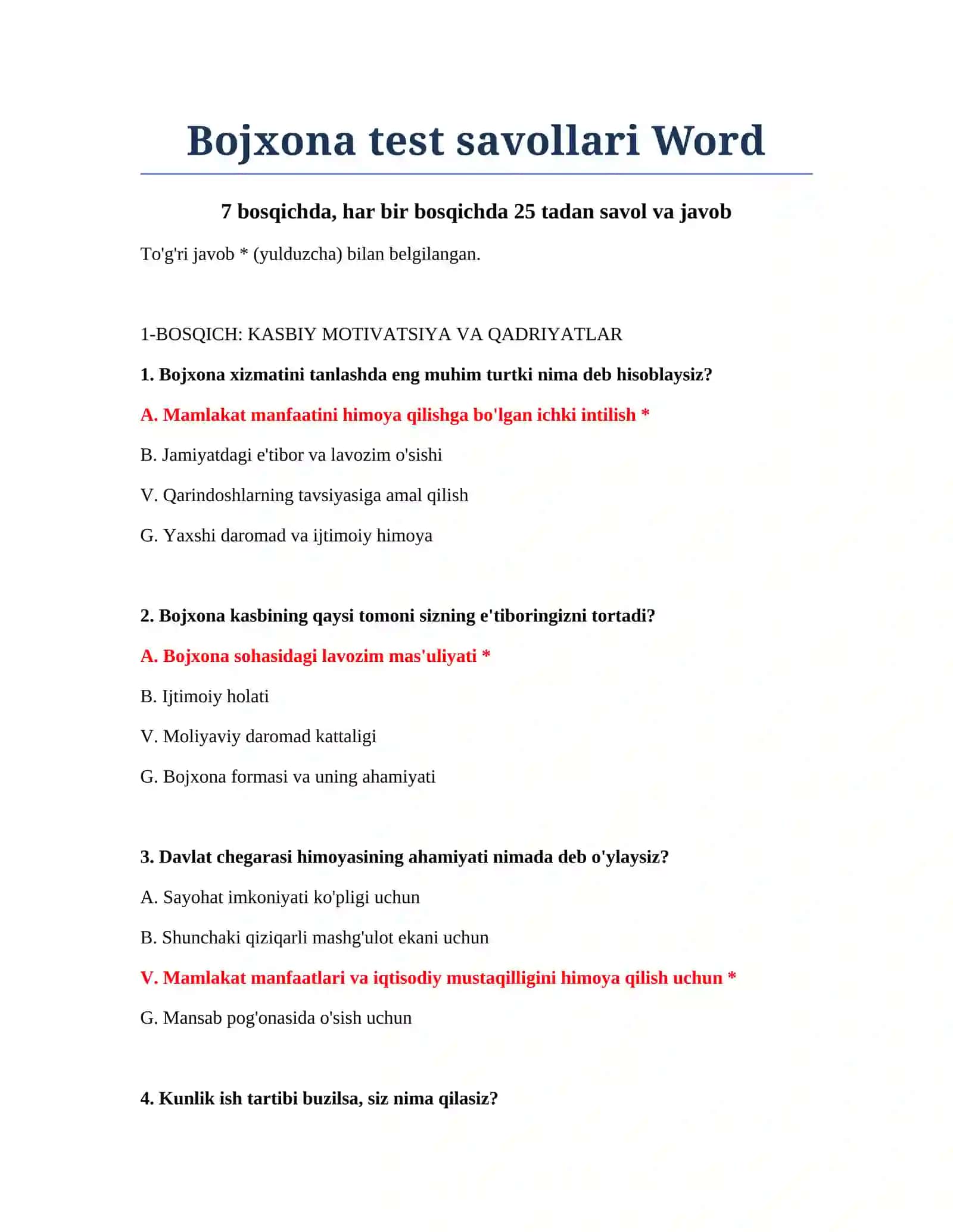 Bojxona test savollari Word 2