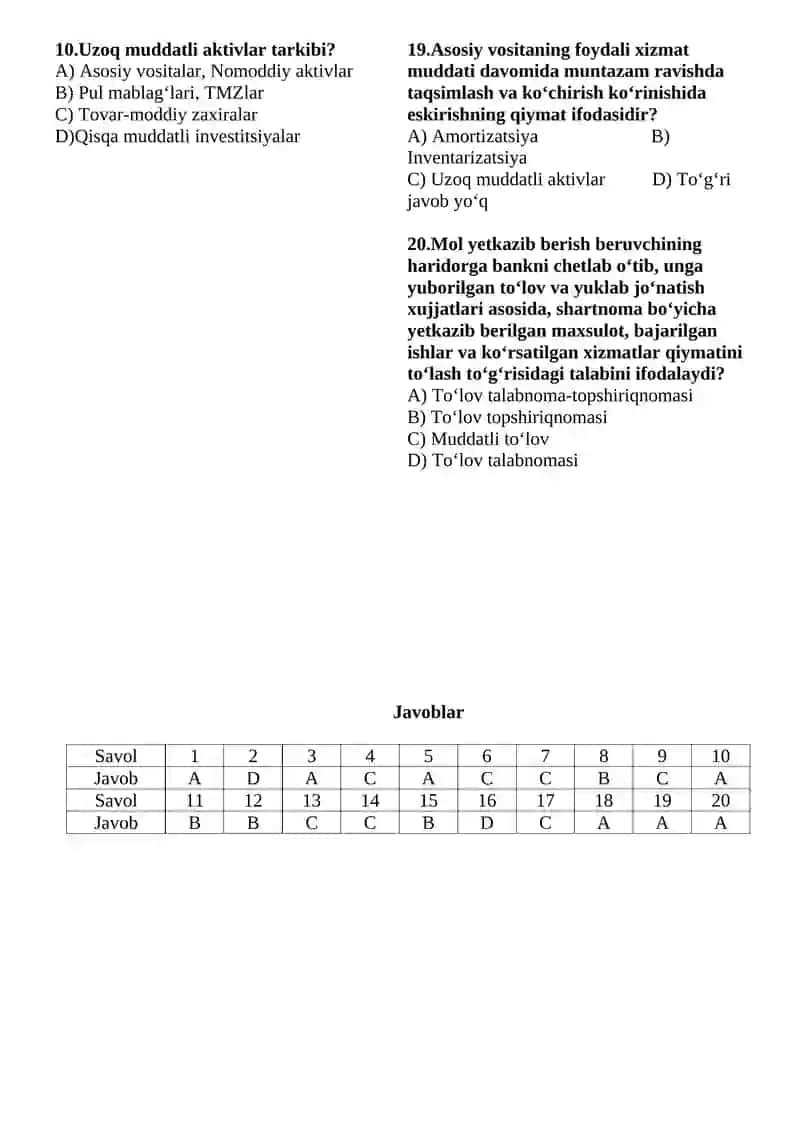 Banklarda buxgalteriya hisobi fanidan oraliq nazorat 1 2