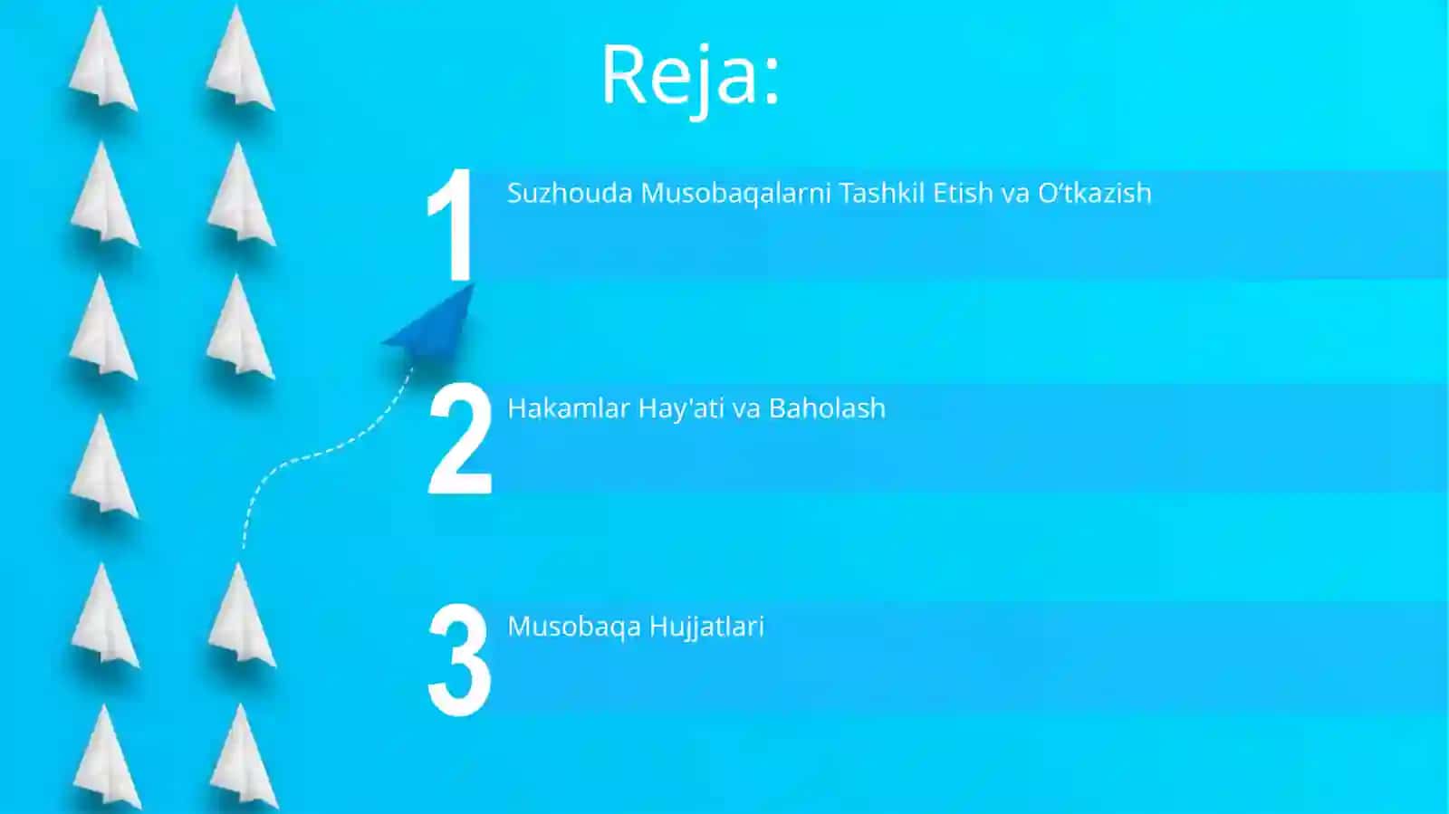Suzish bo’yicha musoboqalarni tashkil qilish va o’tkazish, musoboqa hujjatlari, hakamlik qilish 2