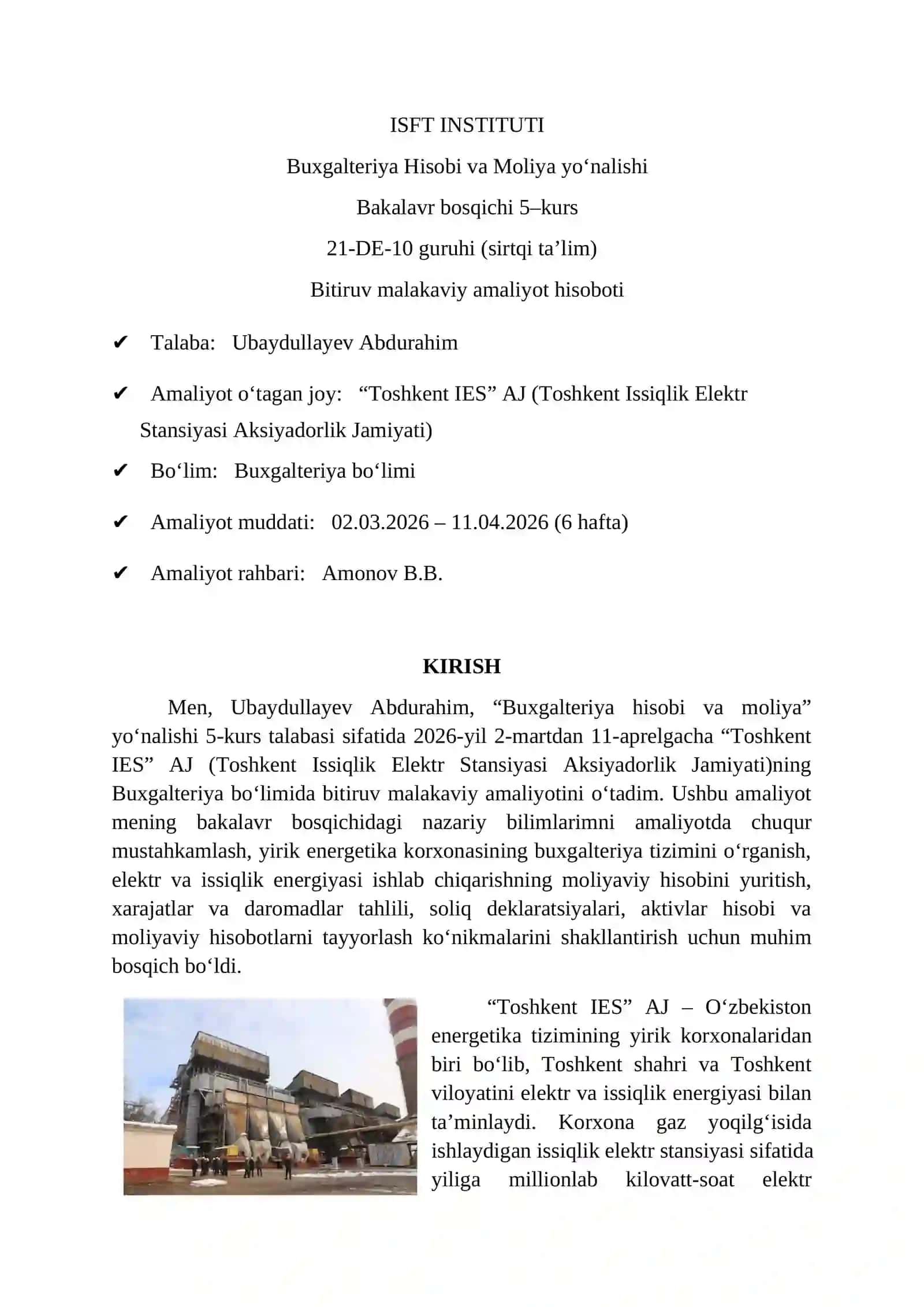 Bitiruv malakaviy amaliyot hisoboti. Toshkent IES AJ. Boʻyicha 2