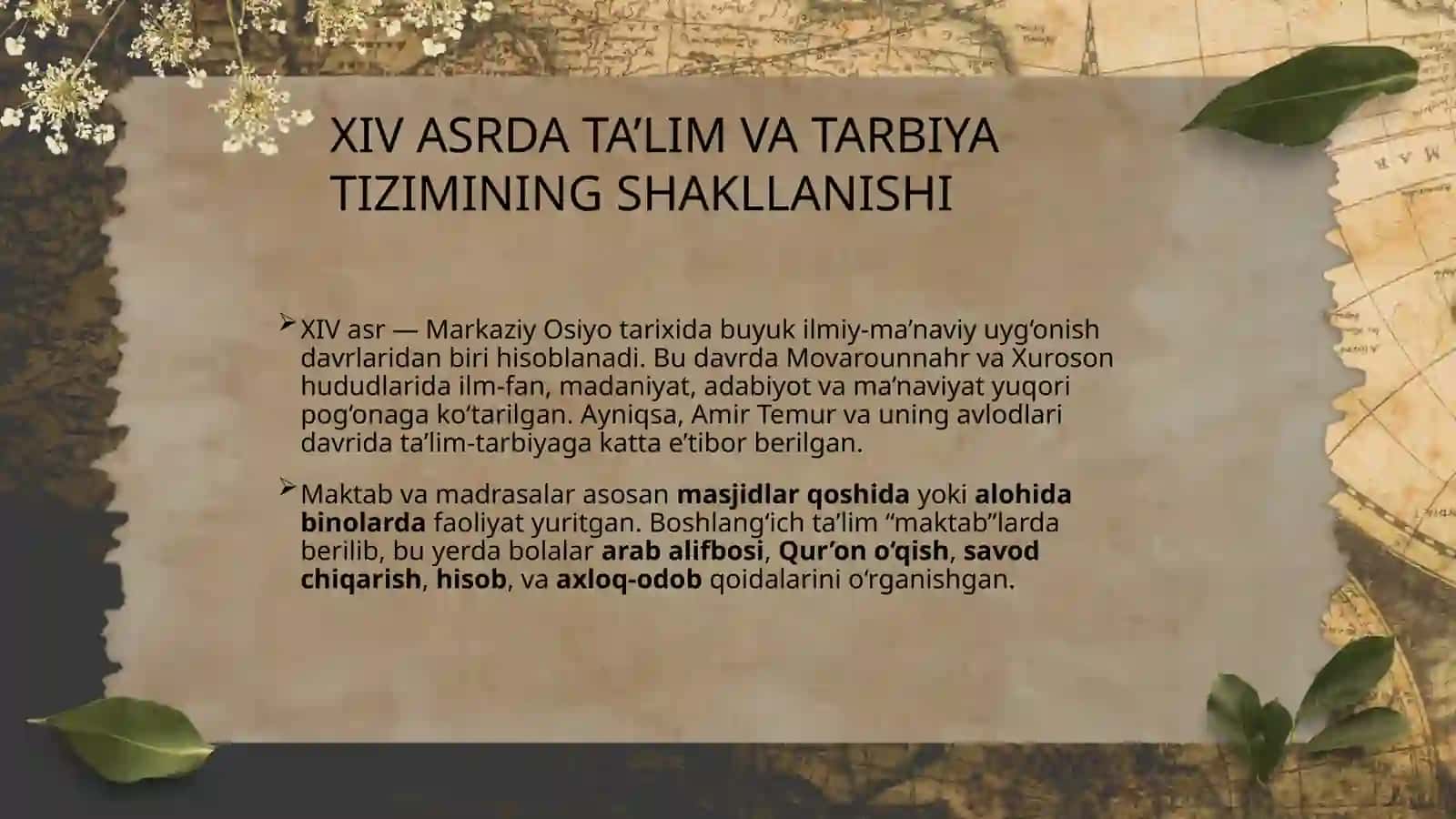 XIV asrdan XX asrning 90-yillarigacha bo'lgan davrda tarbiya,maktabva ta'lim tizimi 2