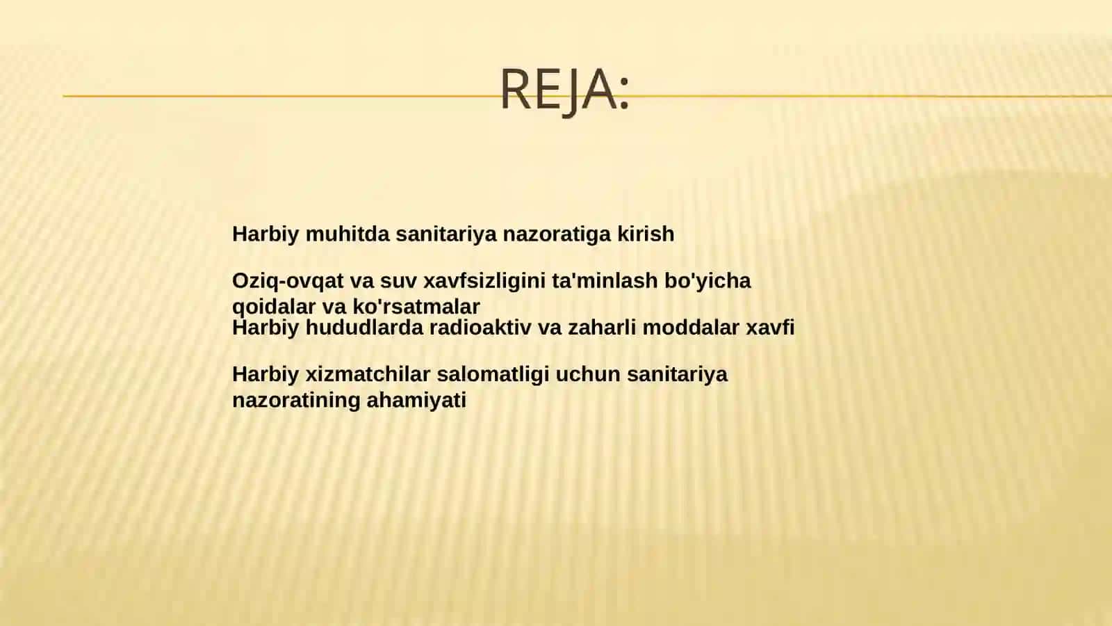 Radioaktiv modda va zaharli modda bilan zararlangan hududda harbiy xizmatchilarni ovqatlantirish va suv ta'minoti sanitarnazorati. Harbiy mehnat sharoitlarining sanitarnazorati 2