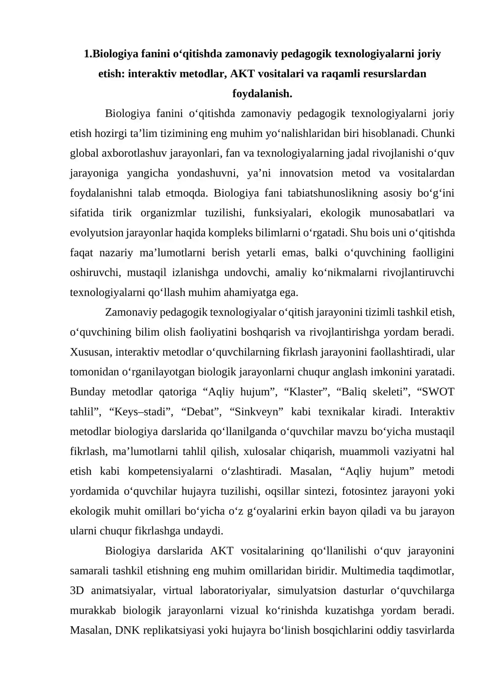 Biologiya fanini o'qitishni takomillashtirish yo'llari 2