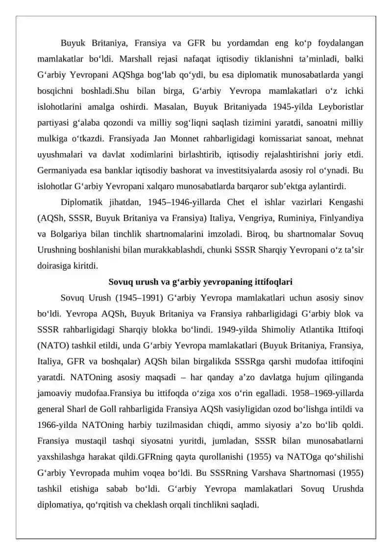 G‘arbiy Yevropa mamlakatlari xalqaro va diplomatik munosabatlar tizimida (1945–1991-yy.) ESSE 2