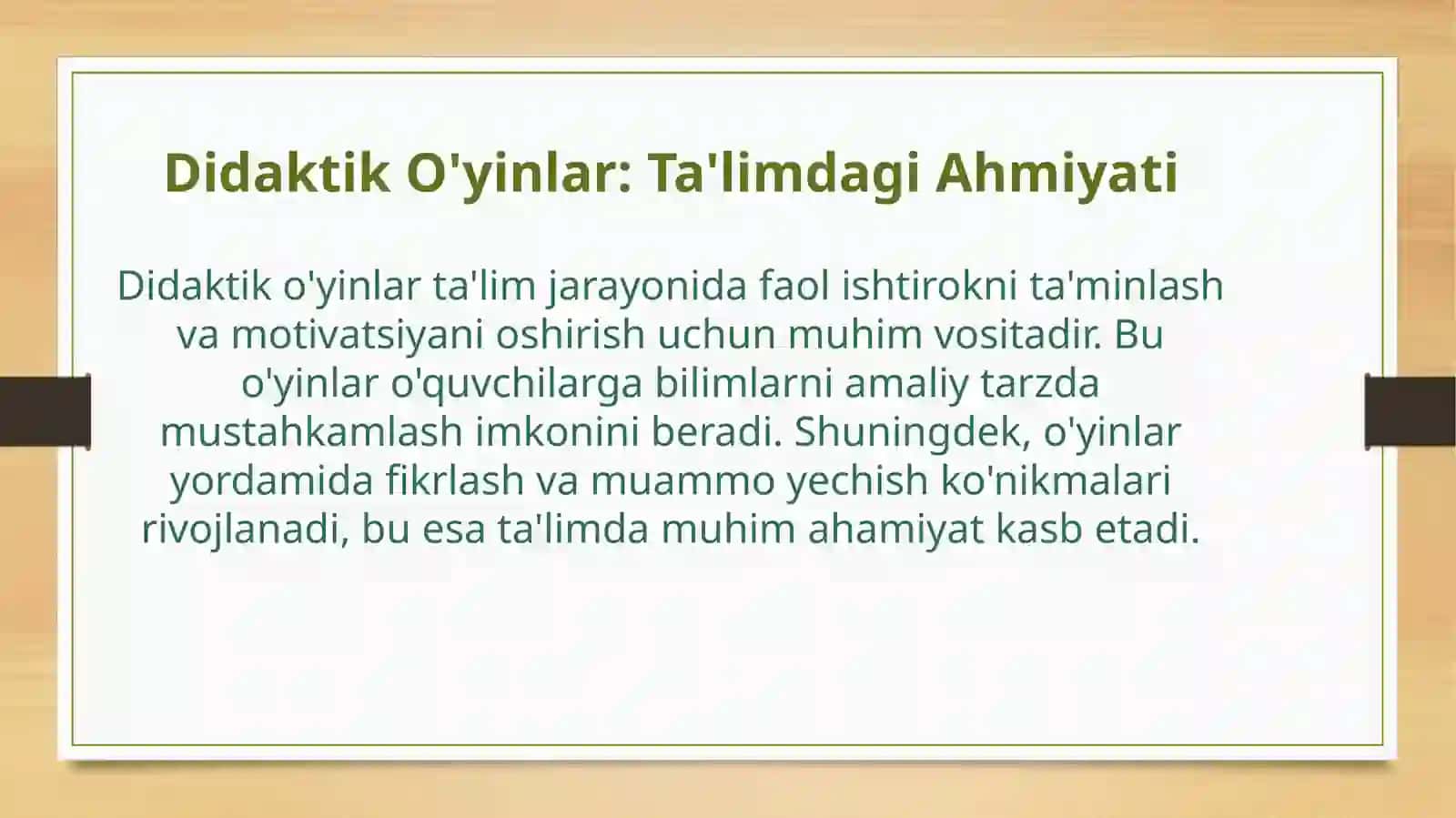 Boshlangʻichtaʼlimtabiiyfanlaridarslaridadidaktiko`yinoʻquvmunozaralar 2