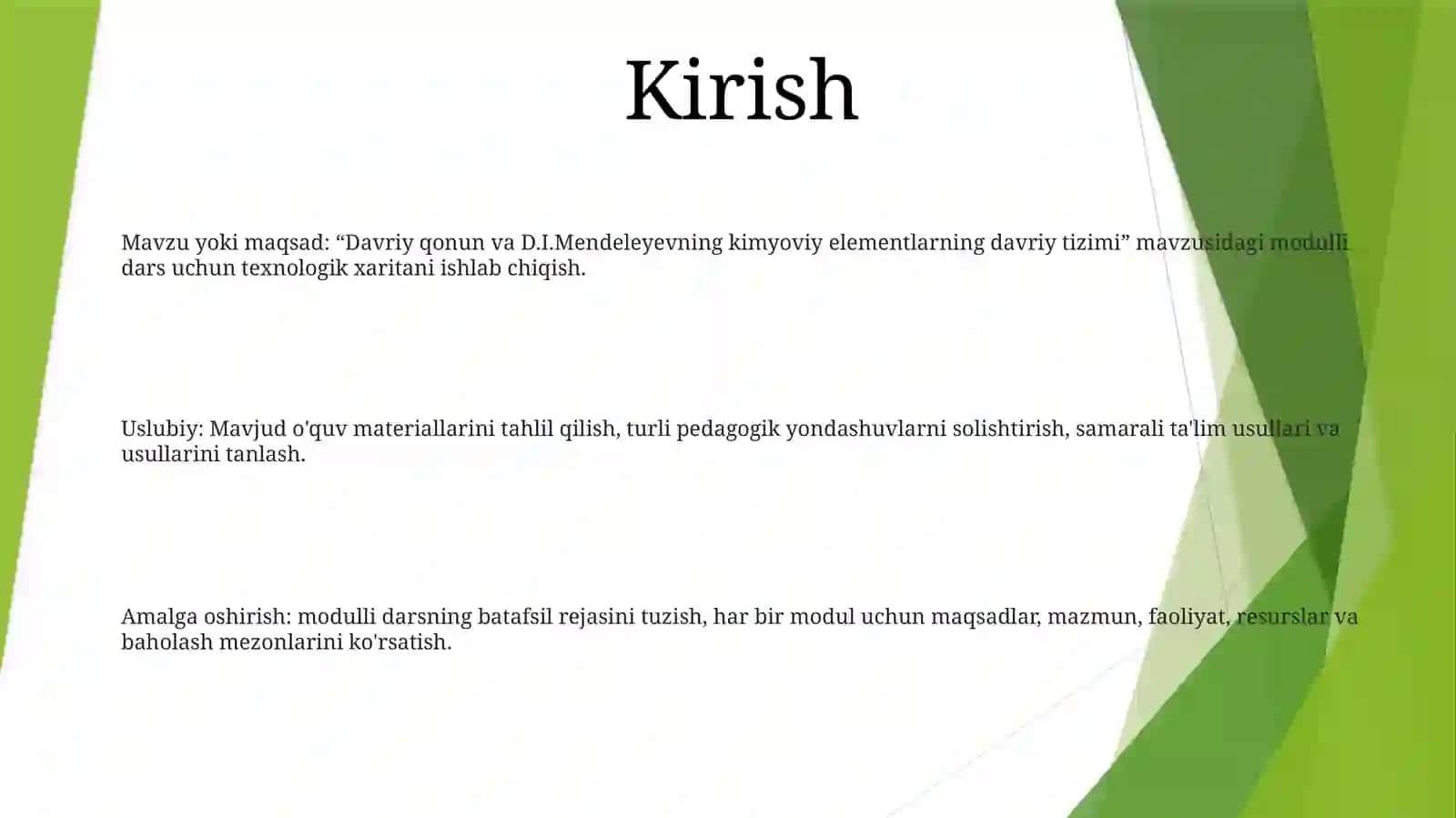 "Davriy Qonun Va D.I.Mendeleevning Kimyoviy Elementlar Davriy Sistemasi" Mavzudagi Modulli Darsning Texnologik Xaritasini Ishlab Chiqish Metodikasi 2