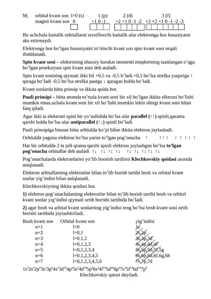 Atom elektron tuzilishi va kvant sonlar 2
