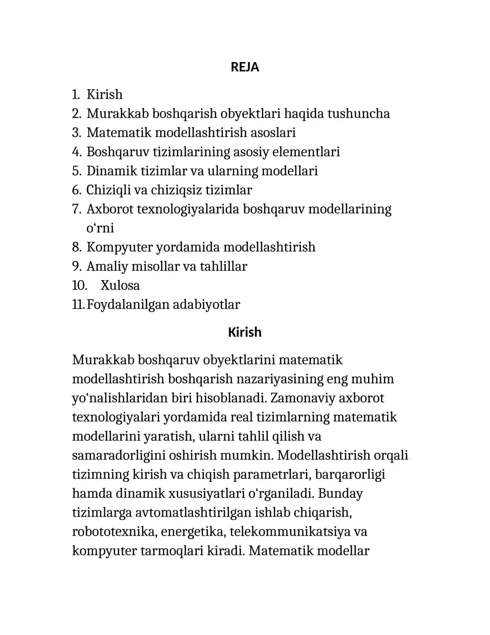 Murakkab boshqarish obyektlarini matematik modellarini tuzish 2