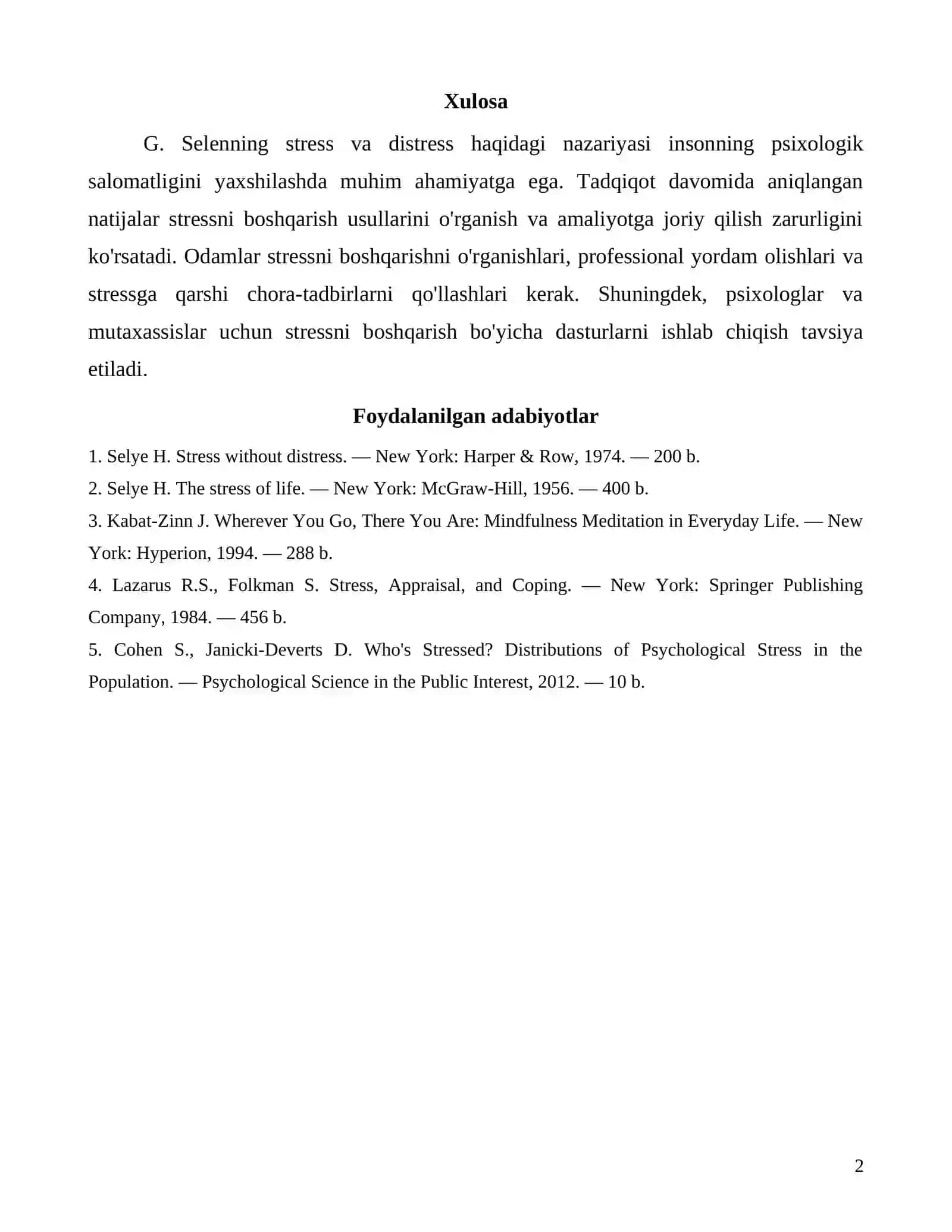G. Selenning stress va distress haqidagi talimoy 2