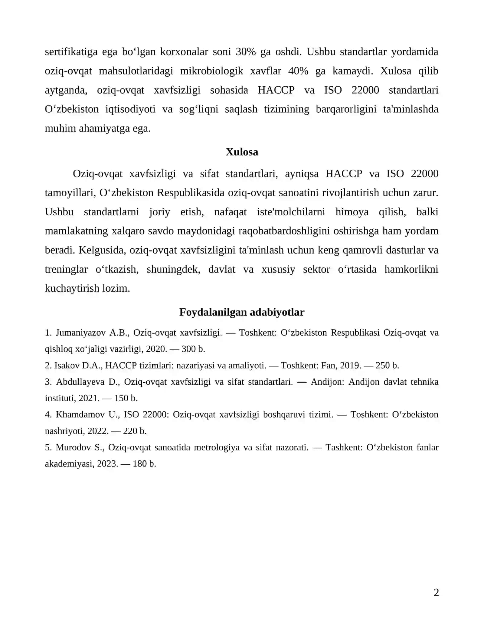 O‘zbekiston Respublikasida oziq-ovqat xavfsizligi va sifat standartlari (HACCP tamoyillari, ISO 22000 talablari) tutgan o‘rni 2