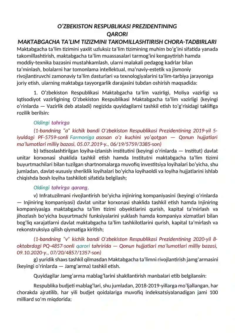 O’zbekiston Respublikasi prezidentining Maktabgacha ta’limga doir qaror, farmon va farmoyishlari 2