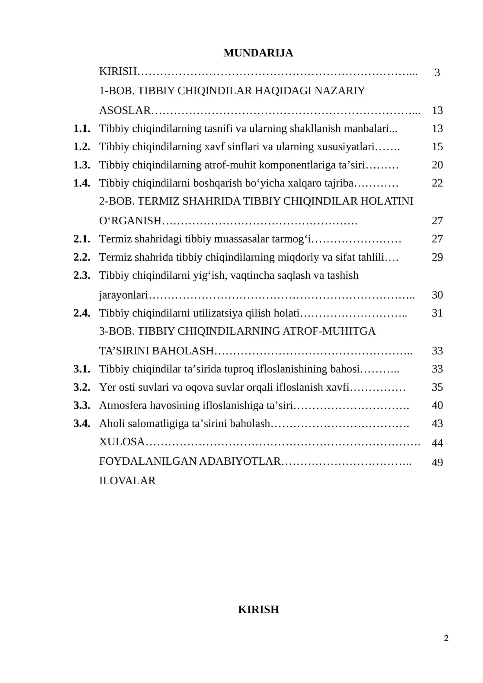 Tibbiy chiqindilar va ularning atrof-muhitga ta’sirini o‘rganish (termiz shahri misolida) 2
