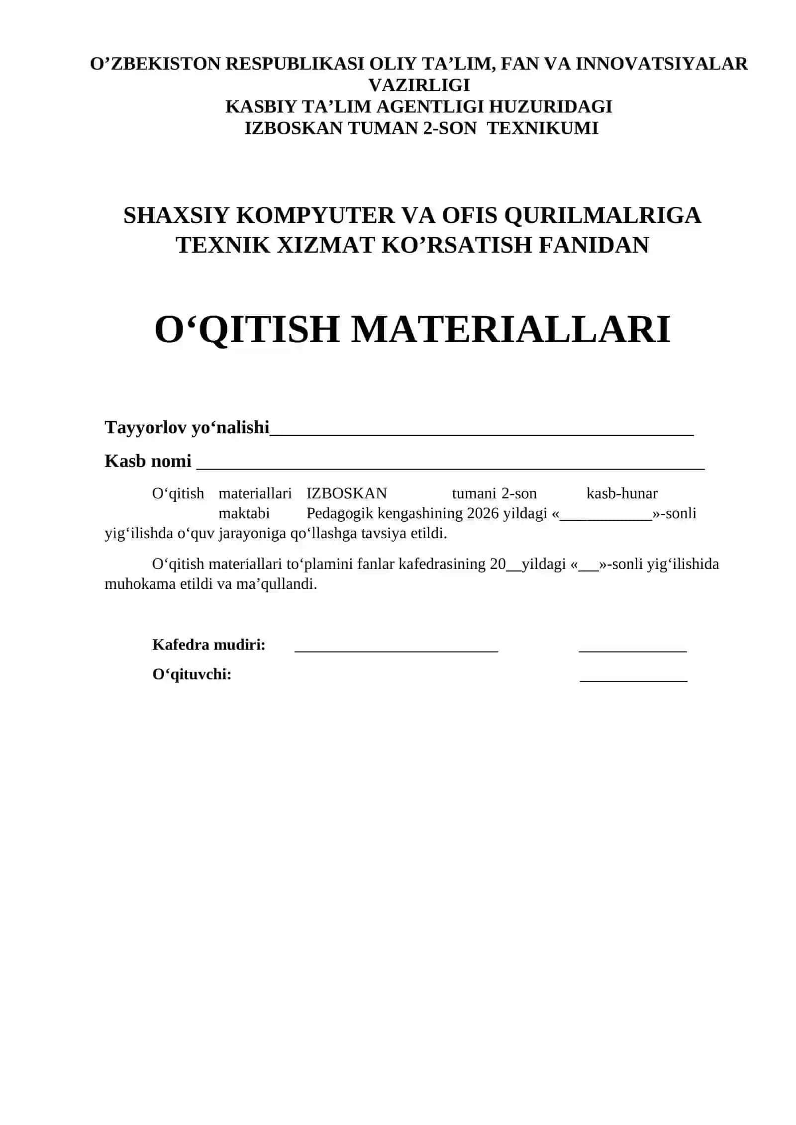 SHAXSIY KOMPYUTER VA OFIS QURILMALRIGA TEXNIK XIZMAT KO’RSATISH O'MT 2