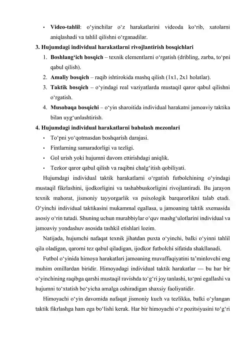 Futbol oyinida individual taktik harakatlarni orgatish. Oquv oyini 2