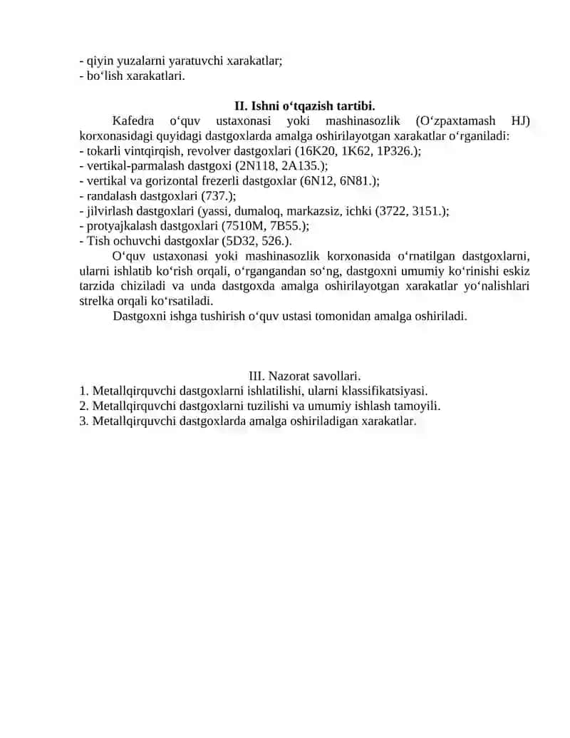 Metallqirquvchi dastgoxlardagi xarakatlar 2