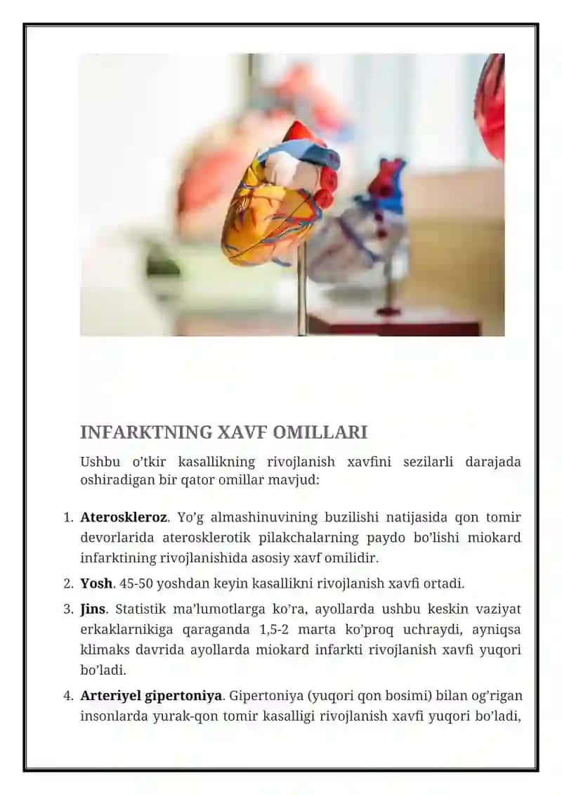 STENOKARDIYA MIOKARD INFARKTI — SABABLARI, BELGILARI, XAVF OMILLARI, BIRINCHI YORDAM VA DAVOLASH 2