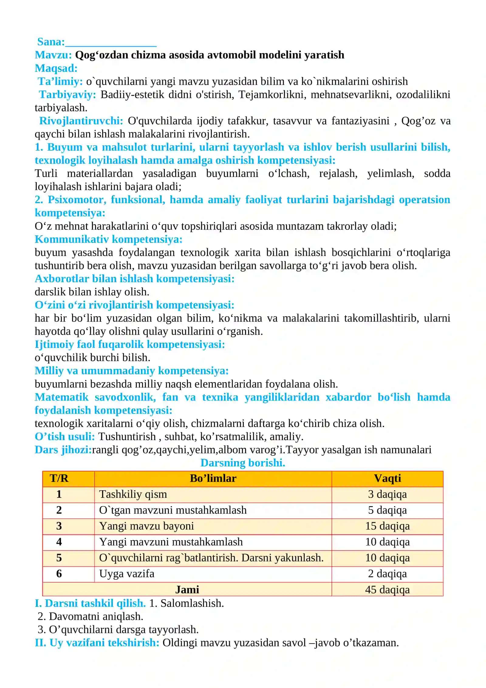 4-sinf Texnologiya Qog'ozdan chizma asosida avtomobil modelini yaratish dars ishlanmasi 2