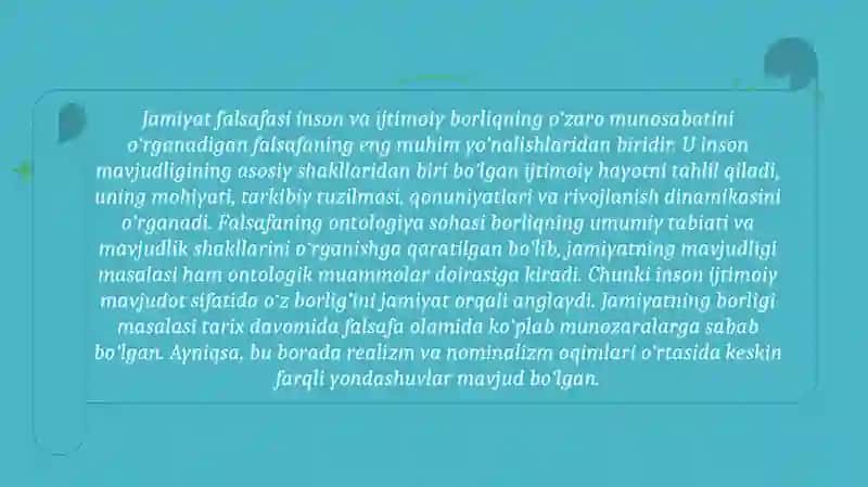 Jamiyat falsafasining asosiy ontologik masalalaridan biri bo‘lgan jamiyatning mavjudligi haqidagi realist va nominalist qarashlar.pptx 2