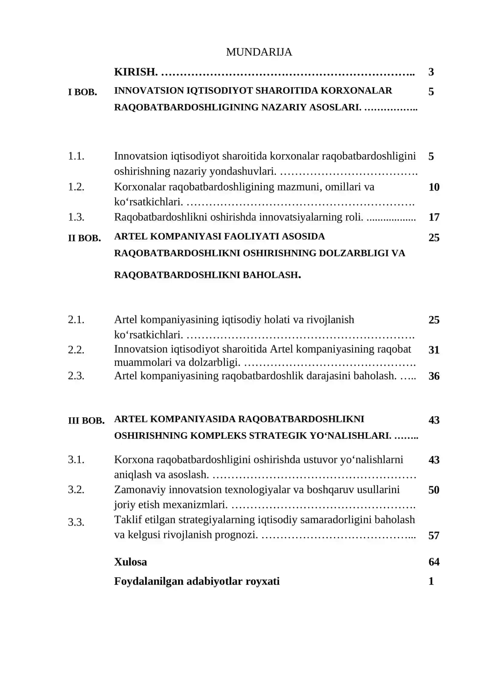Innovatsion iqtisodiyot sharoitida korxonalar raqobat bardoshligini oshirish | Bitiruv Malakaviy Ish BMI 2