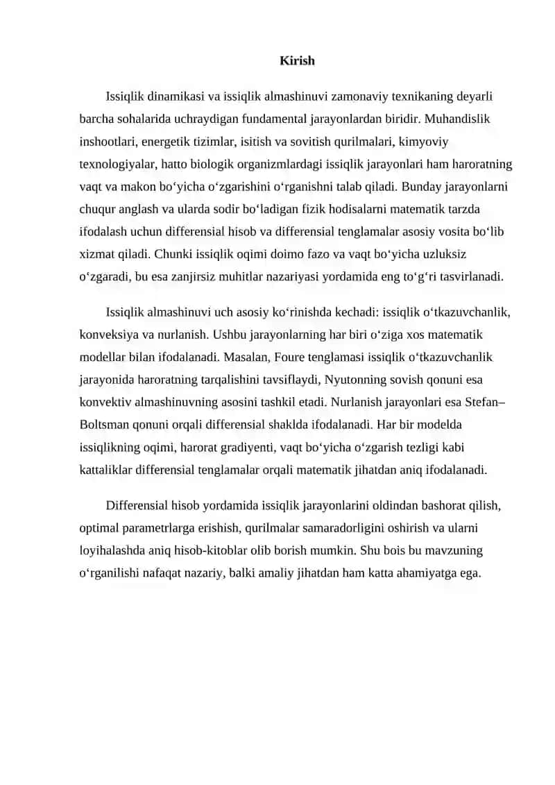 Issiqlik dinamikasi va issiqlik almashinuvida differensial hisob tatbiqlari 2