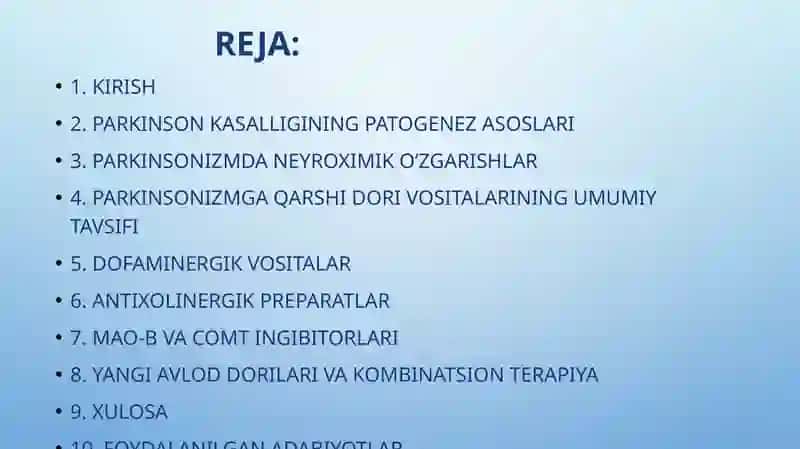 Parkinson kasalligini davolashda ishlatiladigan dorivosi talar 2