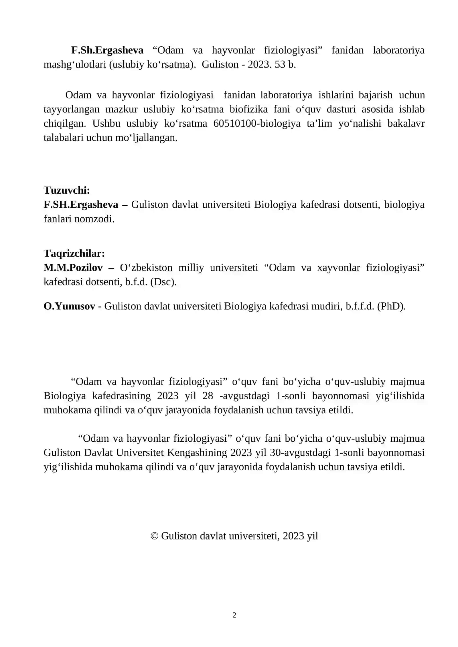 Odam va hayvonlar fiziologiyasi laboratoriya mashg'ulotlari 2
