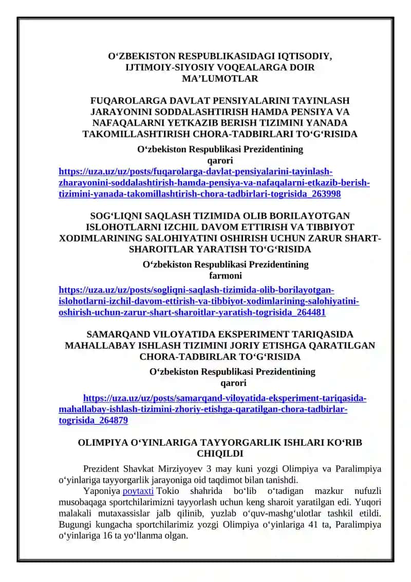 O‘ZBEKISTON RESPUBLIKASIDAGI IQTISODIY, IJTIMOIY-SIYOSIY VOQEALARGA DOIR MA’LUMOTLAR 2