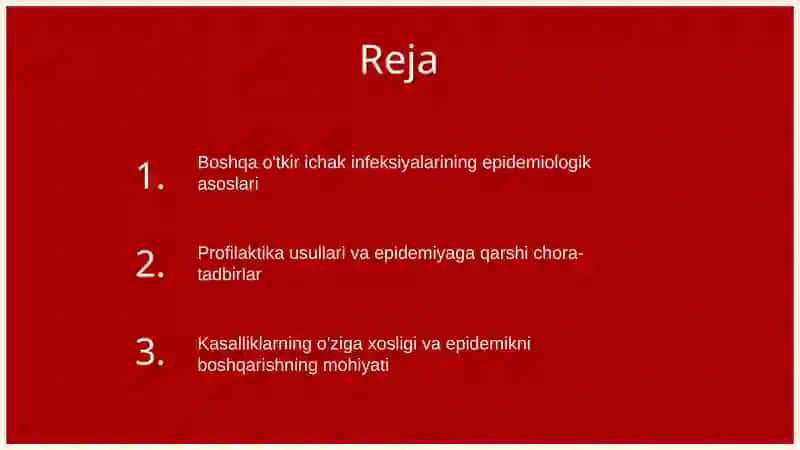O'tkir ichak infeksiyalari, shigellyozlar, salmonellyoz, tif-paratif kasalliklarining epidemiologiyasi, profilaktikasi va epidemiyaga qarshi chora-tadbirlarni tashkillashtirishning o'ziga xosligi va moxiyati 2