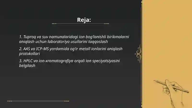 Tuproq va suvdagi ion bog‘lanishli birikmalarni aniqlab, ulardan tozalash usulni ishlab chiqarish 2