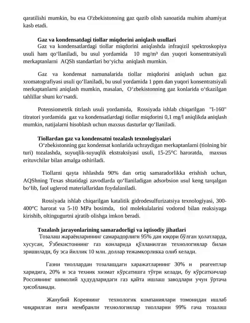Gaz va kondensatlarni tiollardan tozalash 2