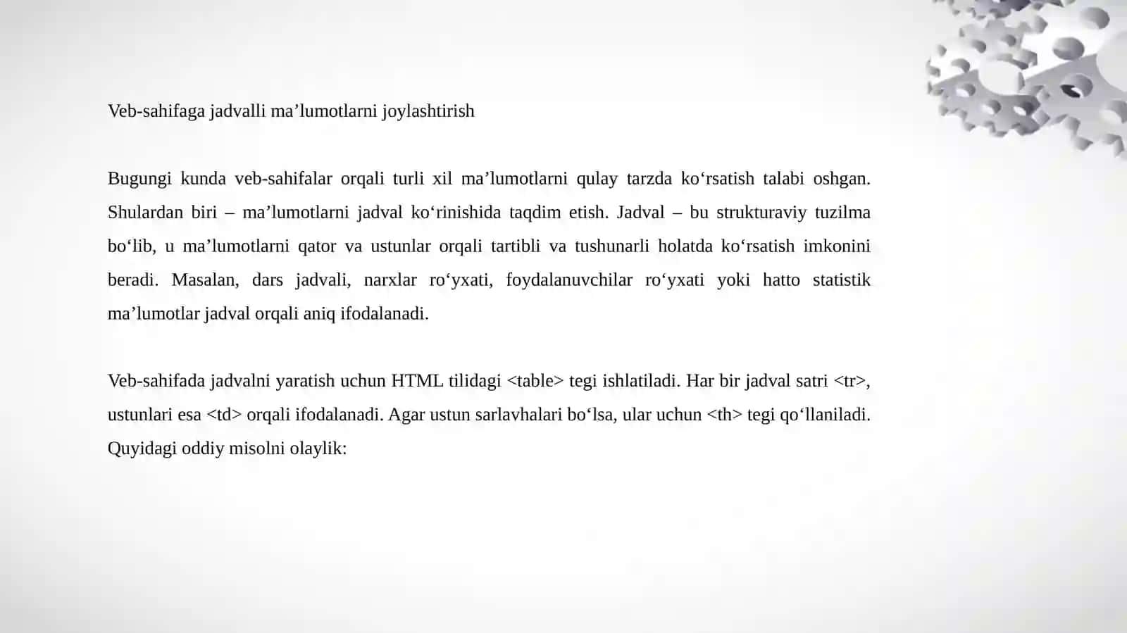 Veb-sahifaga jadvalli ma’lumotlarni joylashtirish 2