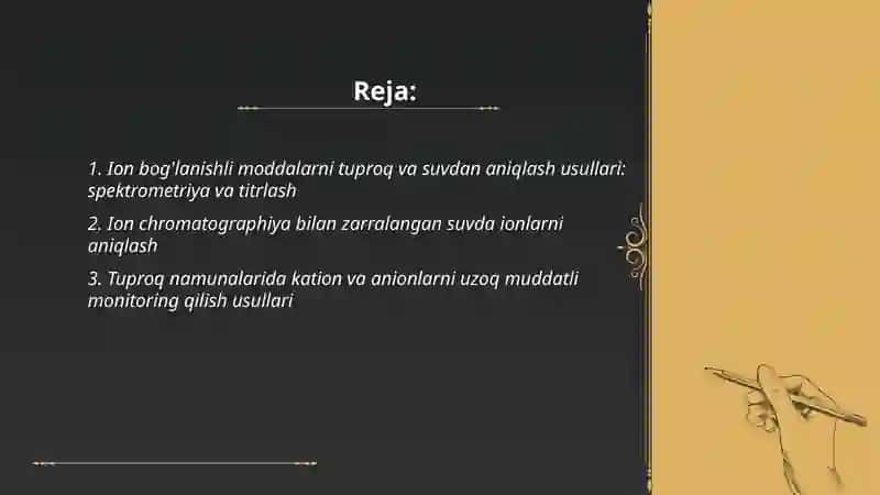 Tuproq, suvning ifloslanishida ion boĝlanishli birikmalarni aniqlash va ularni tozalash ĝoyasini yaratish 2