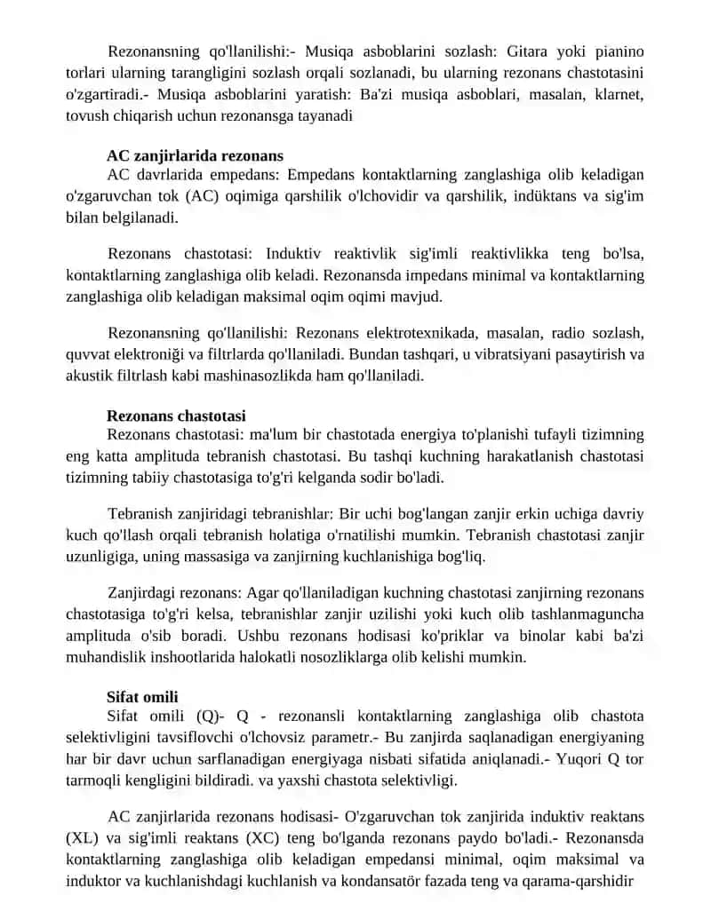O'Zgaruvchan Tok Zanjirdagi Rezonans Hodisalar 2