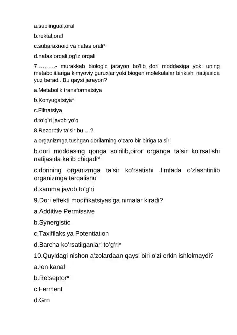 Farmakalogiya fanidan testlar to'plami ,javoblari bilan burgalikda tuzilgan 2