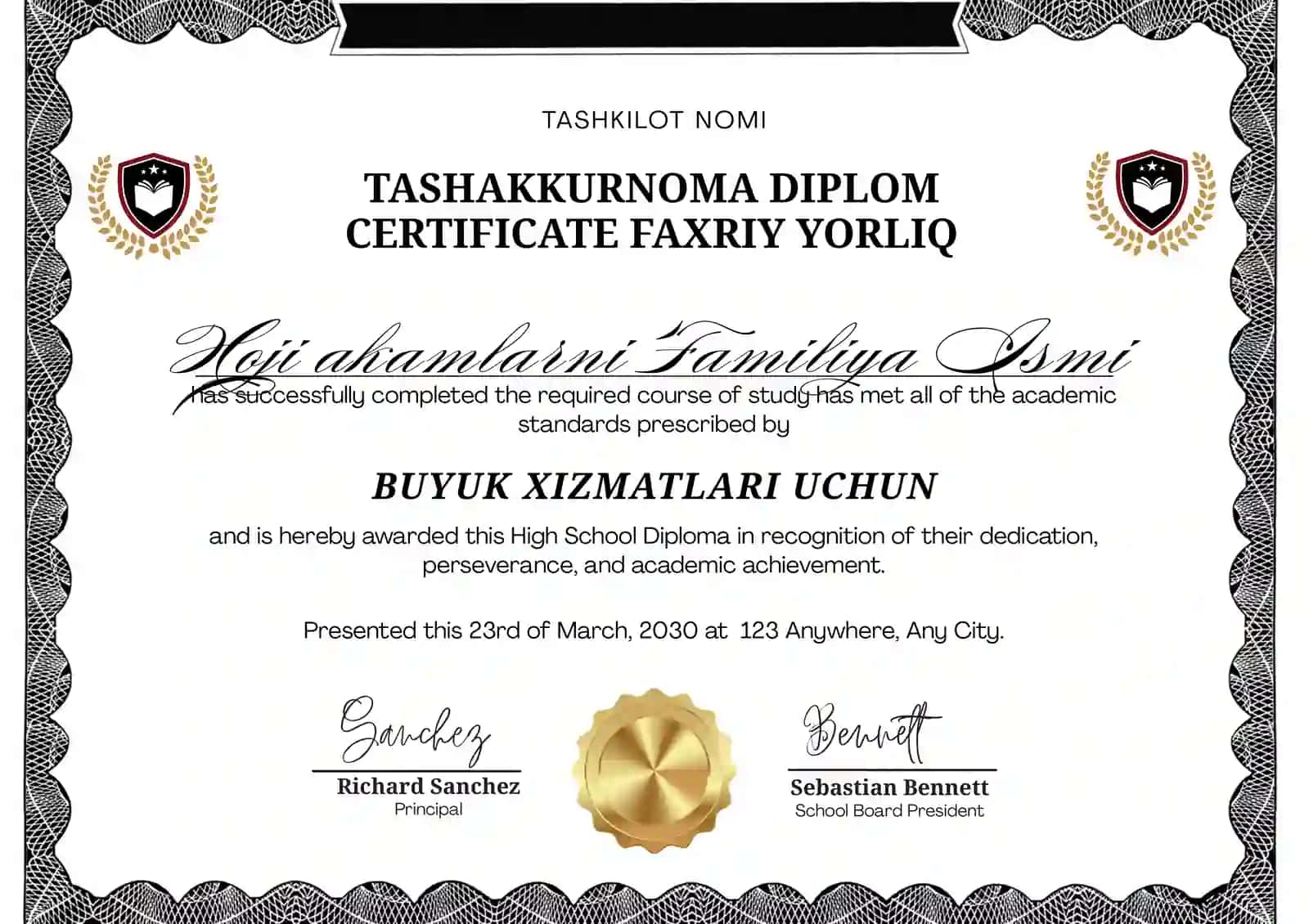 TASHAKKURNOMA DIPLOM CERTIFICATE FAXRIY YORLIQ 2