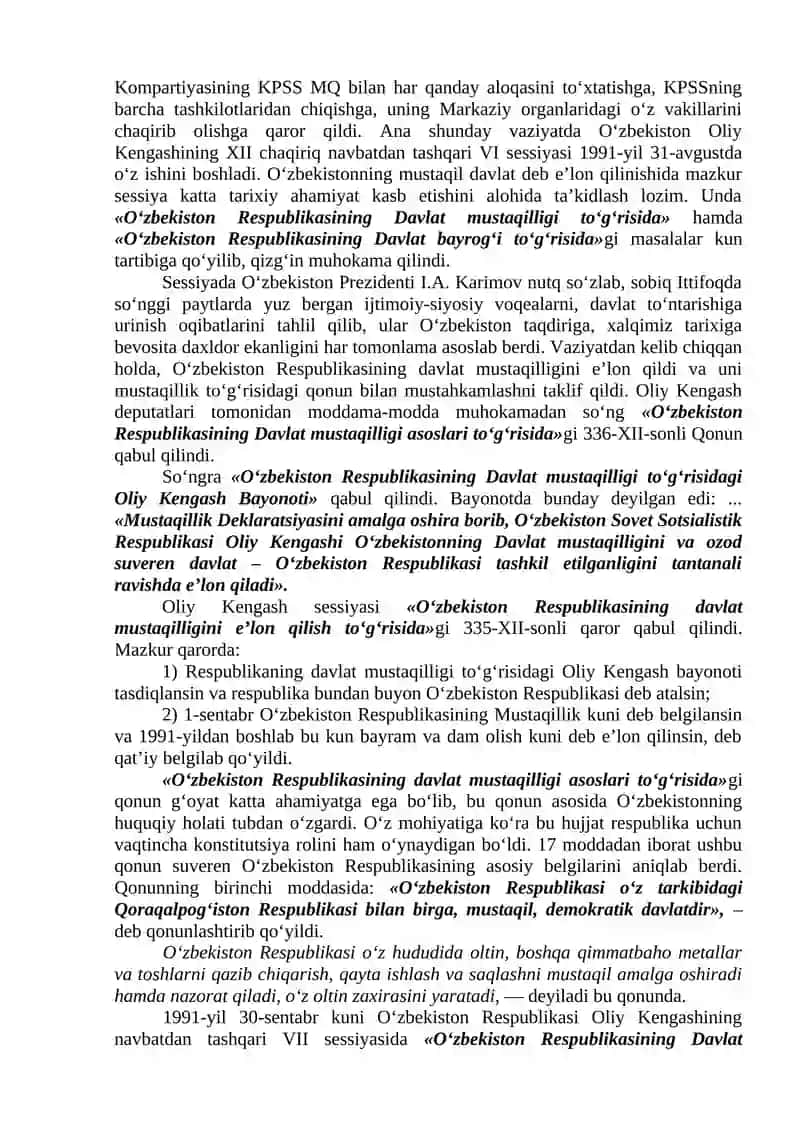 Mustaqil O‘zbekiston Respublikasi tashkil topishining tarixiy ahamiyati. O‘zbekistonning o‘ziga xos istiqlol va taraqqiyot yo‘li. 2