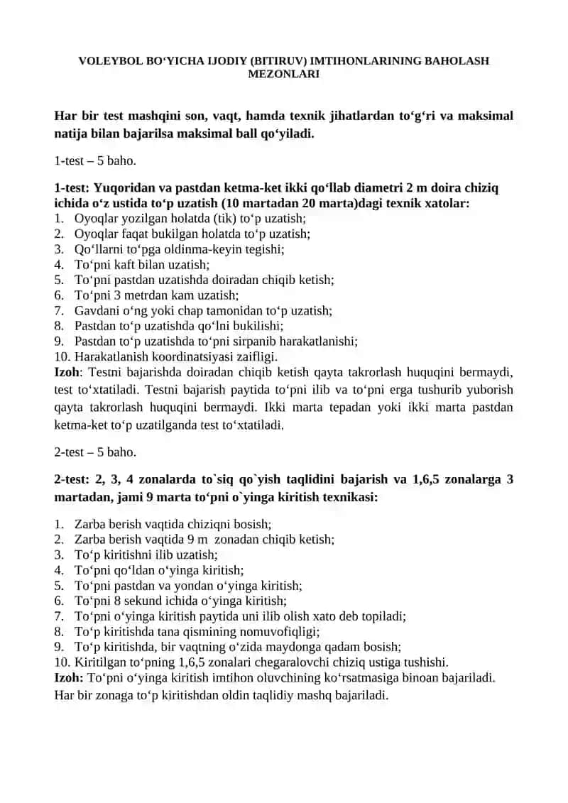 SPORT FAOLIYATI VOLEYBOL YO`NALISHI BITURUVCHILARINING IJODIY ME’YORIY TALABLARI VA BAHOLASH MEZONLARI 2