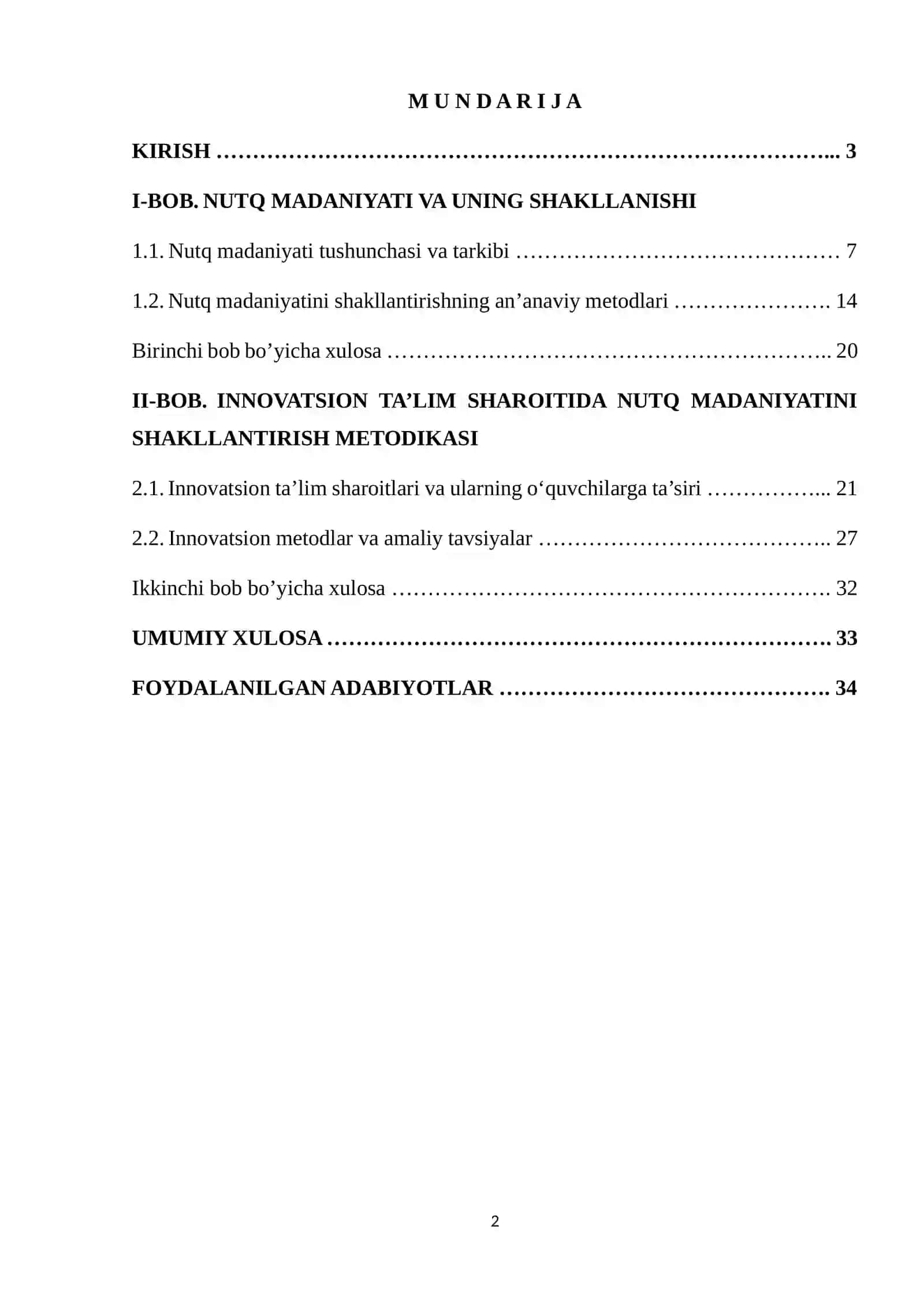 Innovatsion ta’lim sharoitida o’quvchilarning nutq madaniyatini shakllantirish metodikasi (kurs ishi) 2