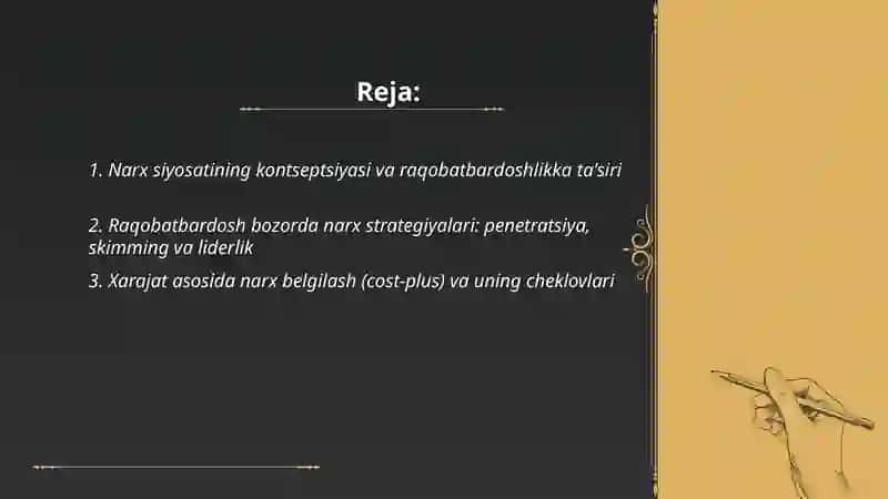 Raqobatbardoshlikni oshirishda narx siyosatidan foydalanish va narx shakllanishning boshqarish usullari 2